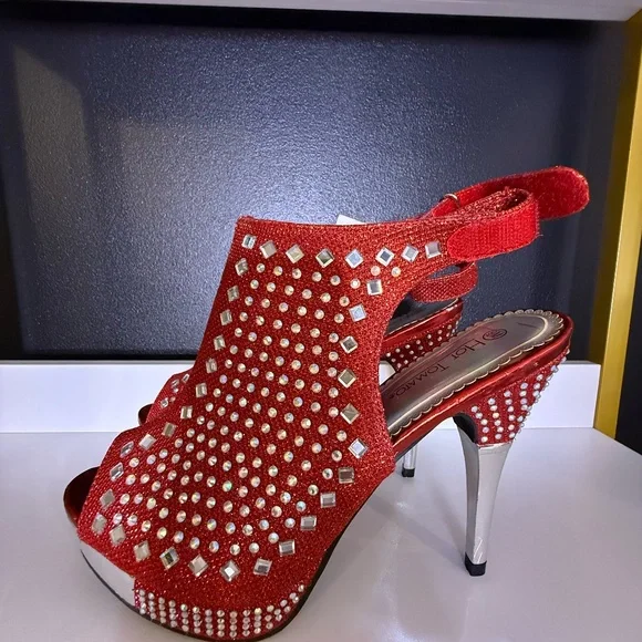 Red Rhinestone Peep-Toe Platform Heels - Picture 3 of 4